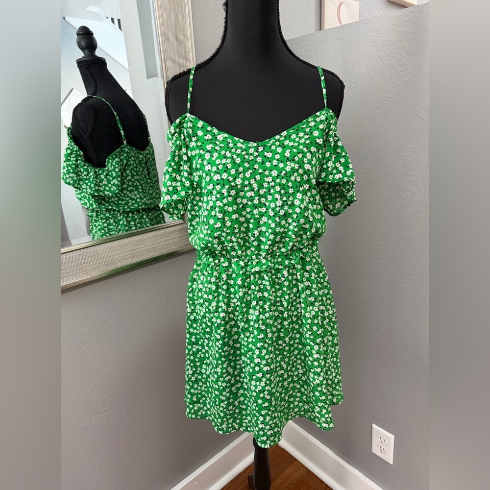 Jessica Simpson green floral mini dress flutter, off-the-shoulder sleeve small - Picture 2 of 7